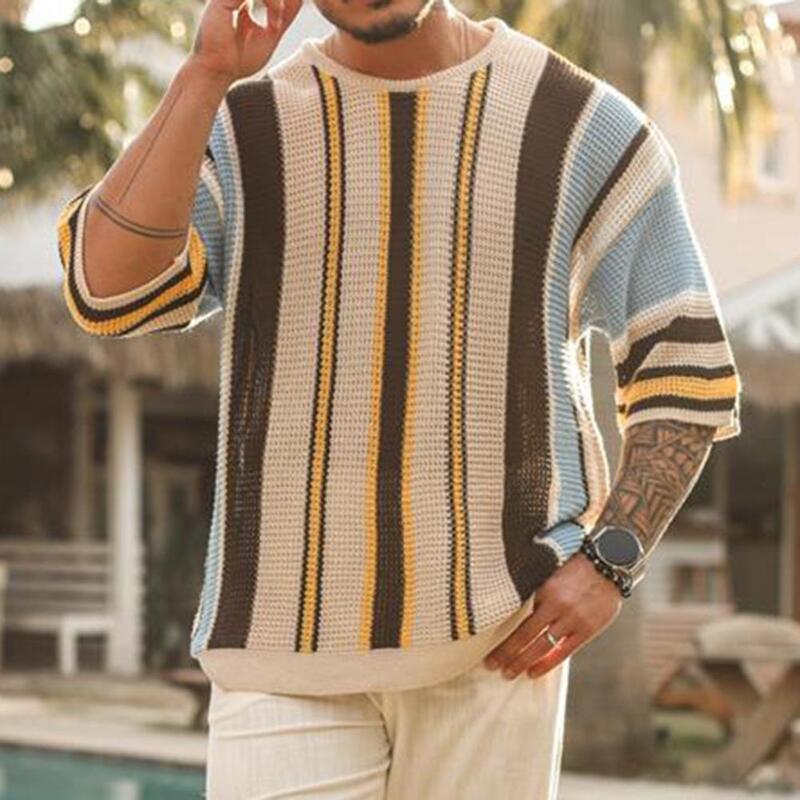 Sweater kasual pria, Sweater kasual, motif garis-garis, Sweater dengan leher bulat, lengan setengah, warna sesuai, Pullover longgar untuk musim panas, musim semi