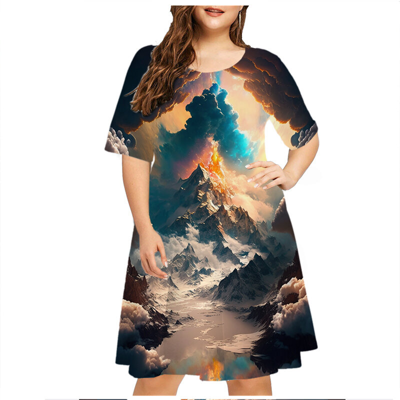 Gaun Wanita pemandangan alam, untuk musim panas 2023 mode baru 3D Patter cetak gaun longgar lengan pendek O-Neck kasual ukuran Plus