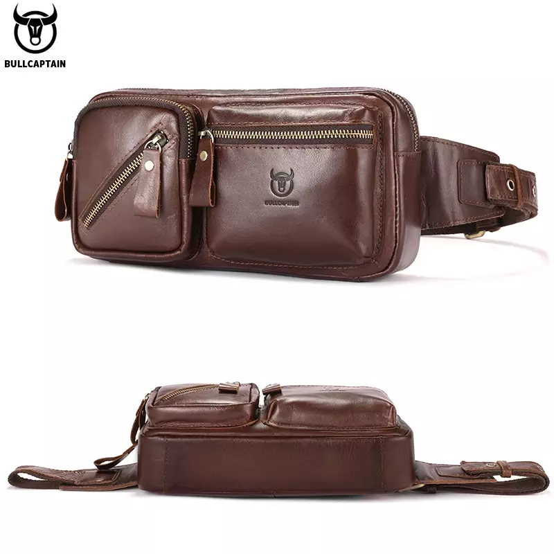 BULLCAPTAIN Men's Genuine Leather Chest Bag Outdoor Sports Shoulder Bag Multifunctional Large Capacity Waist Bag