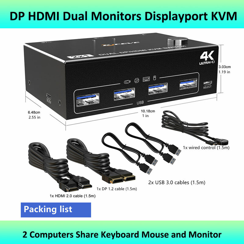 منفذ عرض شاشات مزدوجة ، مفتاح KVM ، يدعم جهازي كمبيوتر ، لوحة مفاتيح مشاركة ، ماوس وشاشة ، DP HDMI ، USB