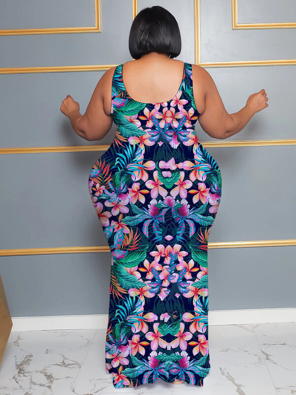 Sukienka Maxi z nadrukiem Plus Size eleganckie letnie ubrania bez rękawów z dekoltem w szpic modne sukienki dla kobiet w stylu Streetwear