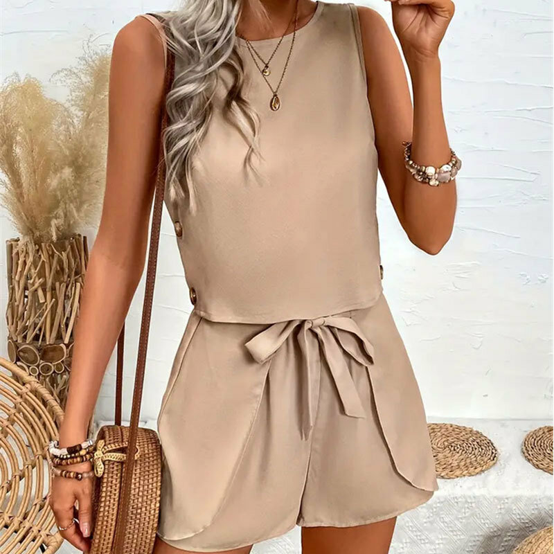 Women's Solid Color Button Decoration Strap Bow Sleeveless Shorts Set New Women's Casual Clothing Set Two-piece Set
