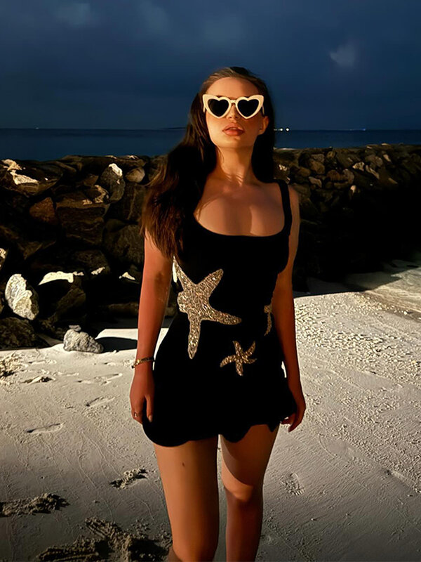 Minivestido Sexy con adornos de estrellas brillantes para mujer, vestido elegante sin mangas con tirantes, corte en A, para playa, Club, vacaciones