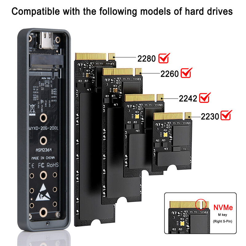 Boîtier NVcloser USB 3.2 GEN 2 en alliage d'aluminium 20Gbps, clé M/ B + M, pour Windows Macbook MAX 4 To SSD 2230/2242/2260/2280