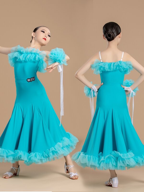Pakaian kompetisi tari ruang dansa mode untuk anak perempuan Atasan Sling rok ayunan besar setelan gaun penampilan tari Modern DN17985
