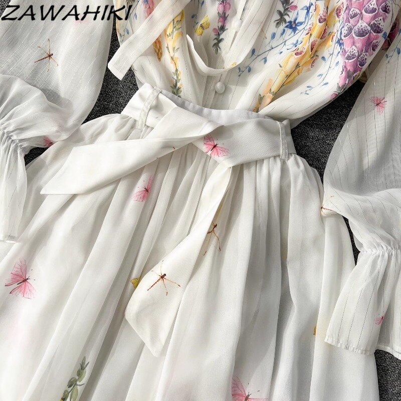 Conjunto de dos piezas de gasa con lazo Floral para mujer, Tops de Color sólido que combinan con todo, faldas holgadas plisadas