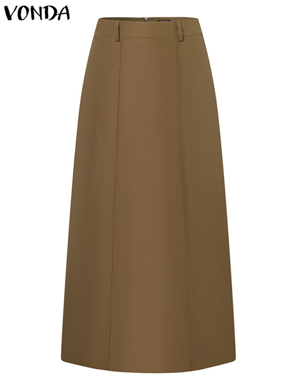 Plus Size VONDA Elegant Long Skirts Women Fashion Solid Color Maxi Skirt Pleated Casual Loose Pockets High Waist Vintage Bottom
