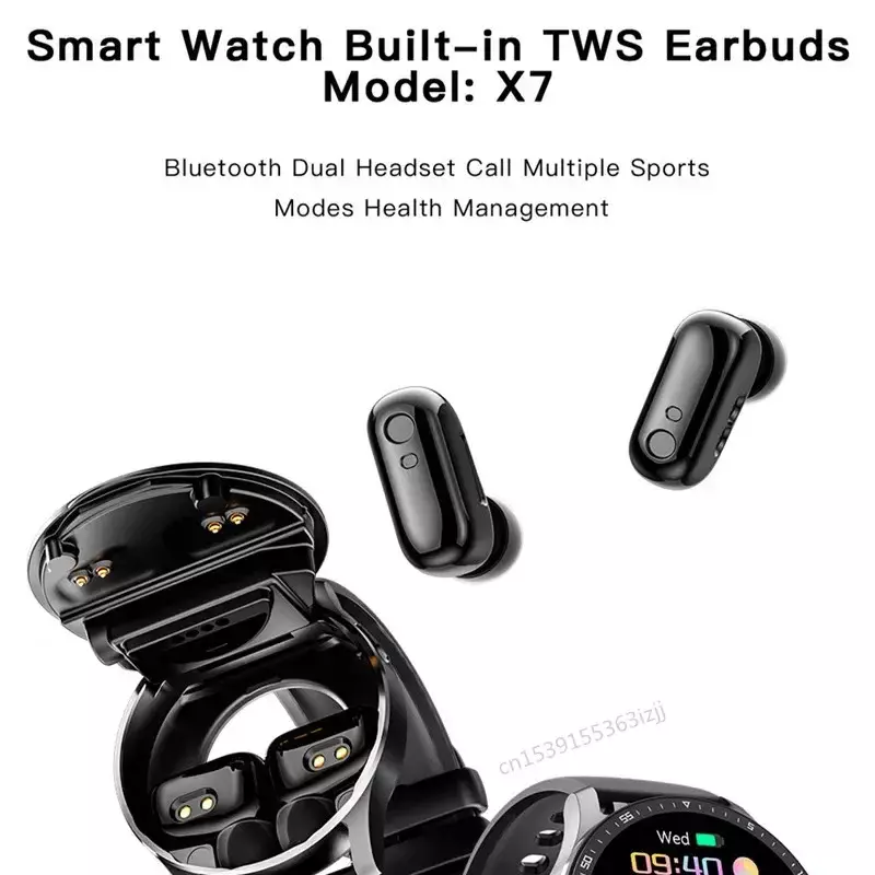X7 Fones De Ouvido Embutidos Relógio Inteligente, Bluetooth, Dual Headset, Chamada De Relógio De Pulso, Música, Esporte, Rastreador De Fitness, TWS Earbuds