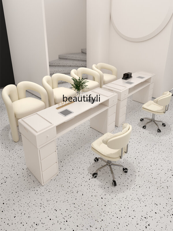 Cream Style Nail Table and Chair Suit Comes with Heating Lamp Vacuum Cleaner Socket Nail Table Stain-Resistant Non-Leaking Gray