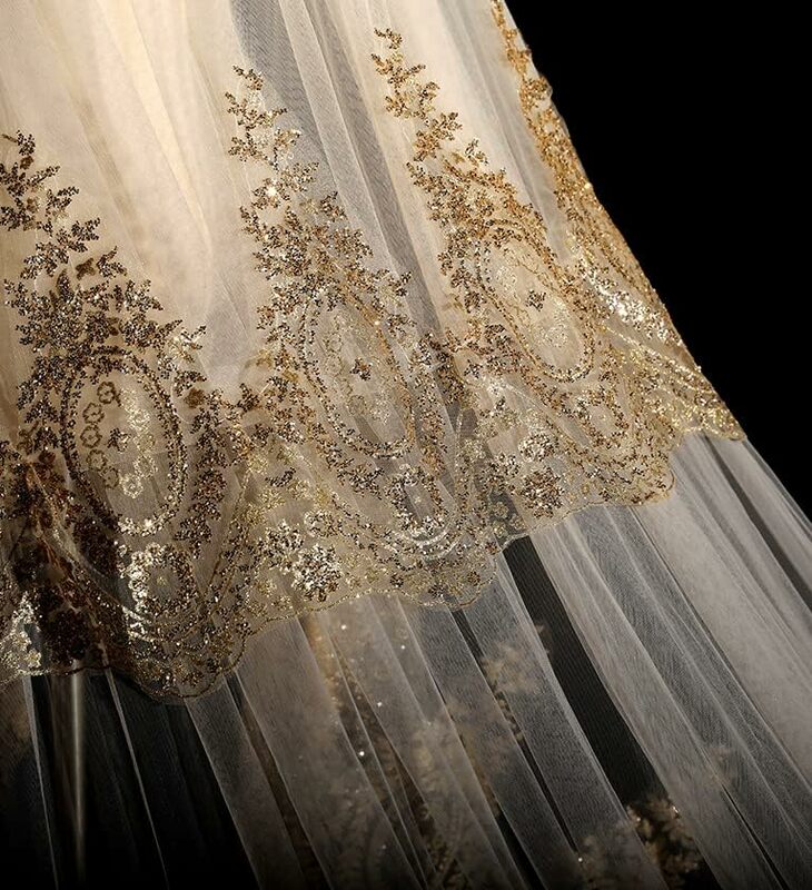 Golden Lace Long Wedding Veil Bridal Veil Cathedral 3M Length Bridal Veils (Color : Gold, Size : 400cm)
