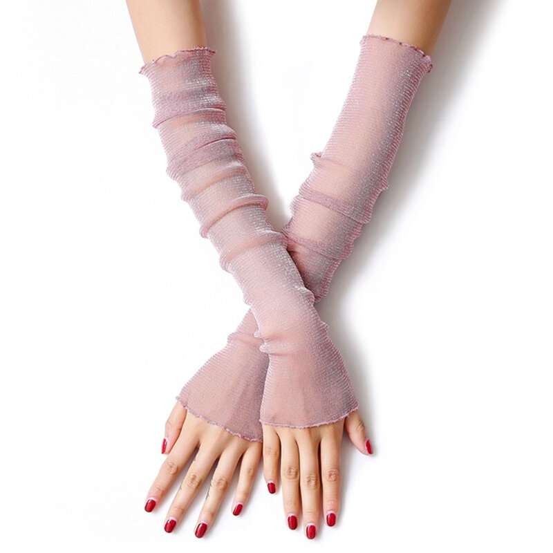 Sarung tangan lengan panjang wanita, sarung tangan jaring tipis tahan air sutra es pelindung matahari berkendara musim panas untuk wanita