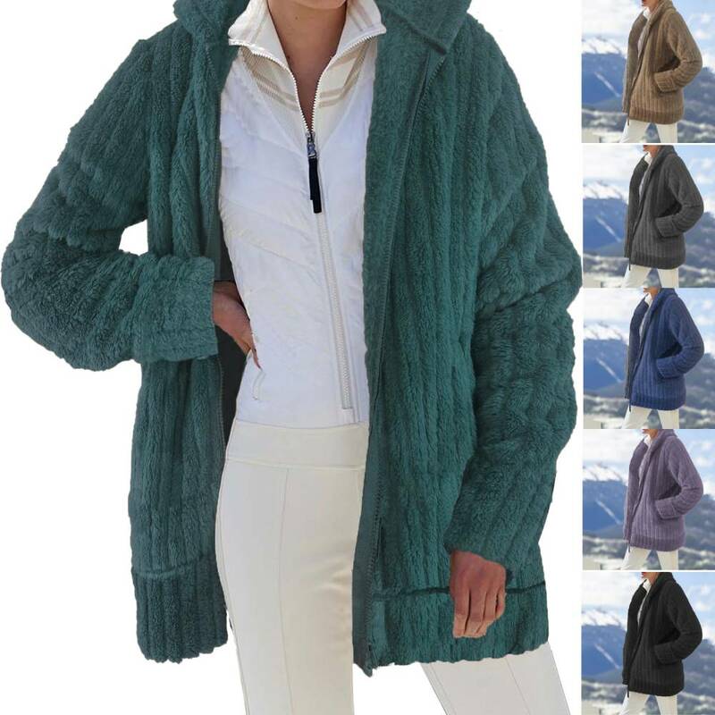 Womens outono inverno quente de pelúcia zip bolso com capuz outerwear solto jaquetas feminino grosso streetwear casaco de lã de pele do falso camisola