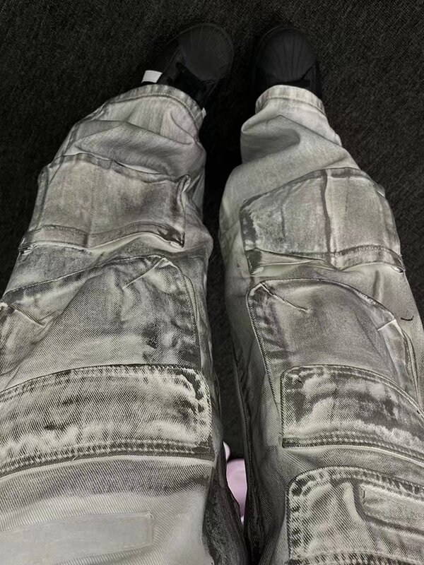 Американские ретро состаренные грязные треснувшие свободные джинсы для женщин дизайн Instagram нишевые тяжелые Промышленные брюки с несколькими карманами для мытья пола