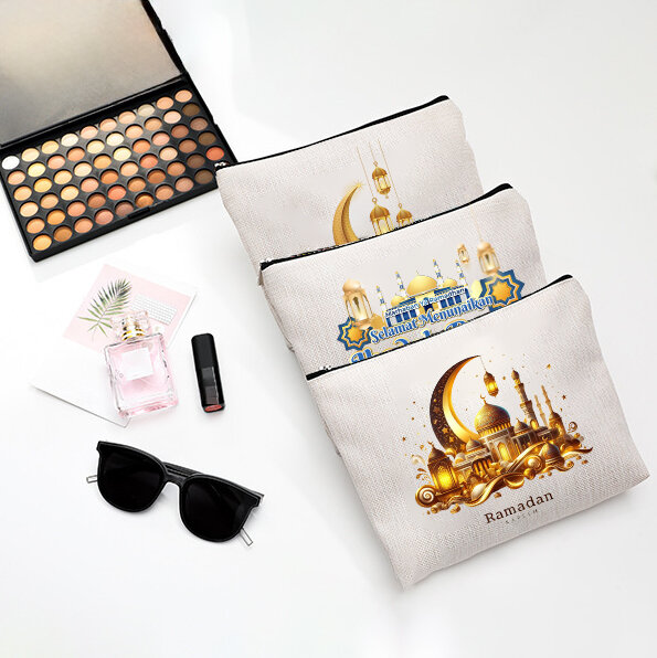 حقيبة مكياج مطبوعة بطبعة رمضان مع سحاب ، حقيبة تخزين مستحضرات التجميل ، محفظة عملات للتنقل اليومي ، أساسيات السفر ، سحاب