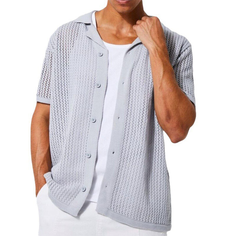 Cárdigan de punto a la moda para hombre, camisa de manga corta con botones de solapa, Camiseta de punto suelta, Top calado fresco de verano