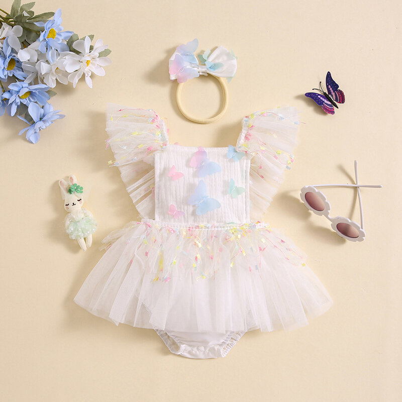 Newborn Girl Outfit Fly Sleeve Butterfly Romper Dress with Bow Hairband Summer Clothes