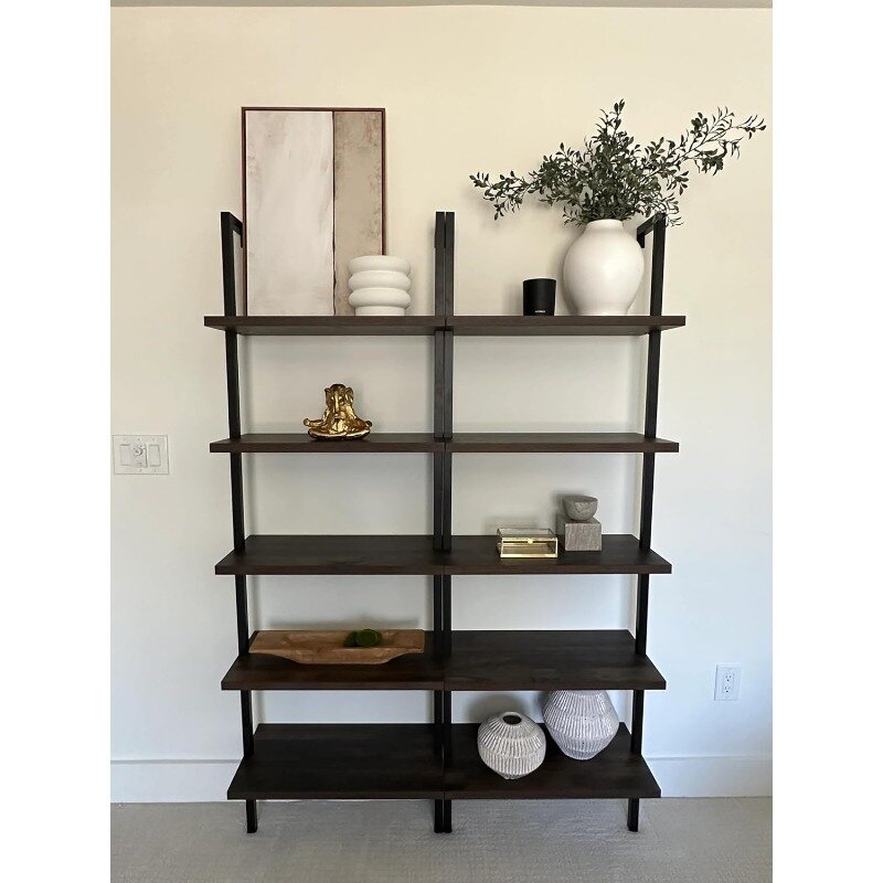 5-Shelf Wood Modern Bookcase, Open Wall Mount Ladder Bookshelf with Industrial Metal Frame, Dark Walnut Brown/Black, Set of 2