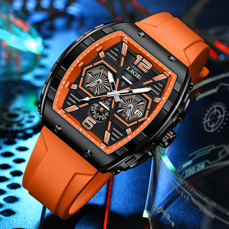 LIGE jam tangan pria mewah, jam tangan mewah kuarsa tali silikon olahraga kronograf persegi panjang tahan air bercahaya