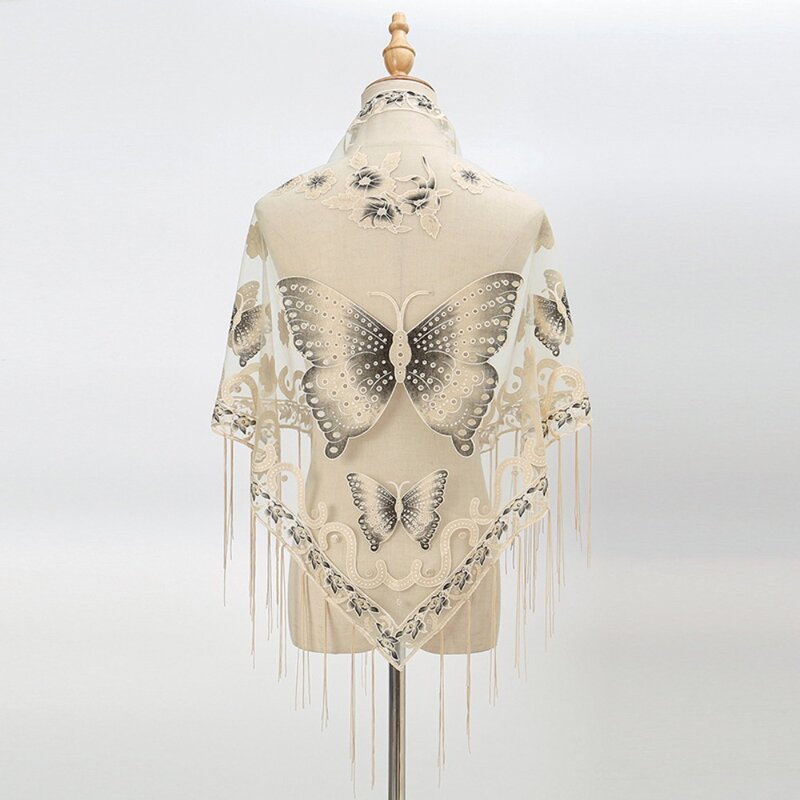 Osłona przeciwsłoneczna Trójkątny szalik Moda Wiatroszczelne okłady Wygodny haft motyla Koronkowy szal z frędzlami Oddychające ponczo
