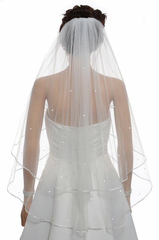 حجاب زفاف مطرز بالخرز مع حافة شريطية ، 2 طن ، 2 طبقة ، عروس زفاف ،