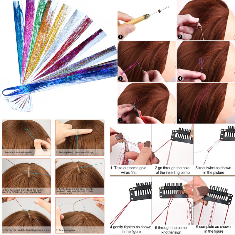 12pcs Tinsel Sparkle Hair Extension Tool Kit 1pcs Plier 1 Pcs Wire Hook 200 Silicone Link Rings Beads 10Pcs Clips Hair Accessori
