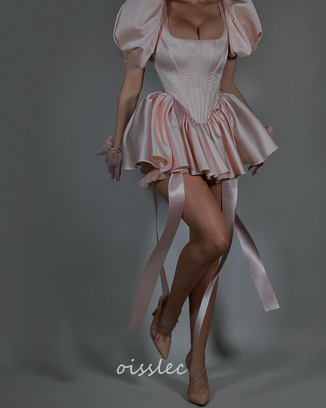 Oisslec-vestido baile estilo rosa para menina, vestido de baile, decote quadrado, mini vestido de festa, 2022