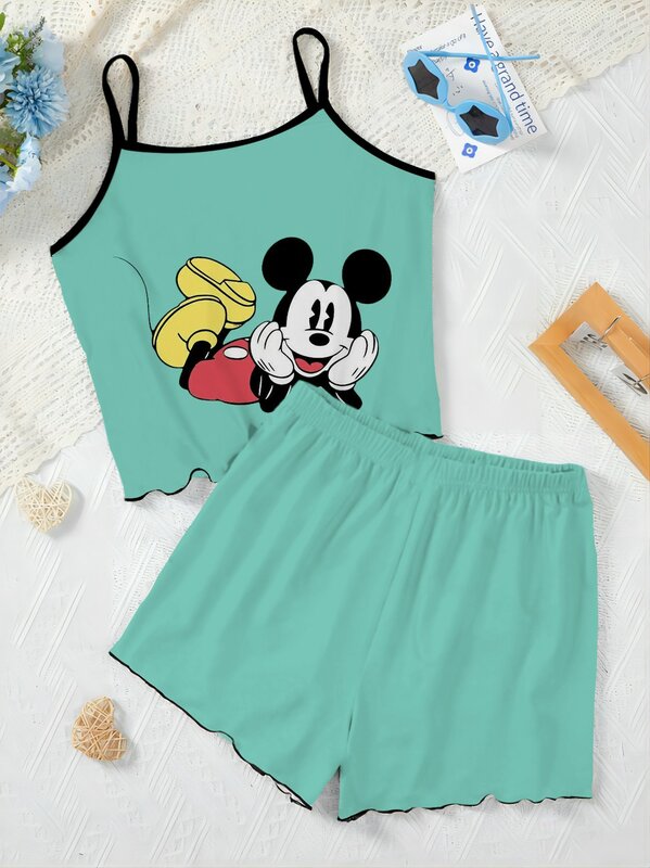 Disney-Conjunto superior elegante de Minnie Mouse feminino, saia do pijama Mickey, vestido deslizante, camiseta, peças de guarnição, terno curto