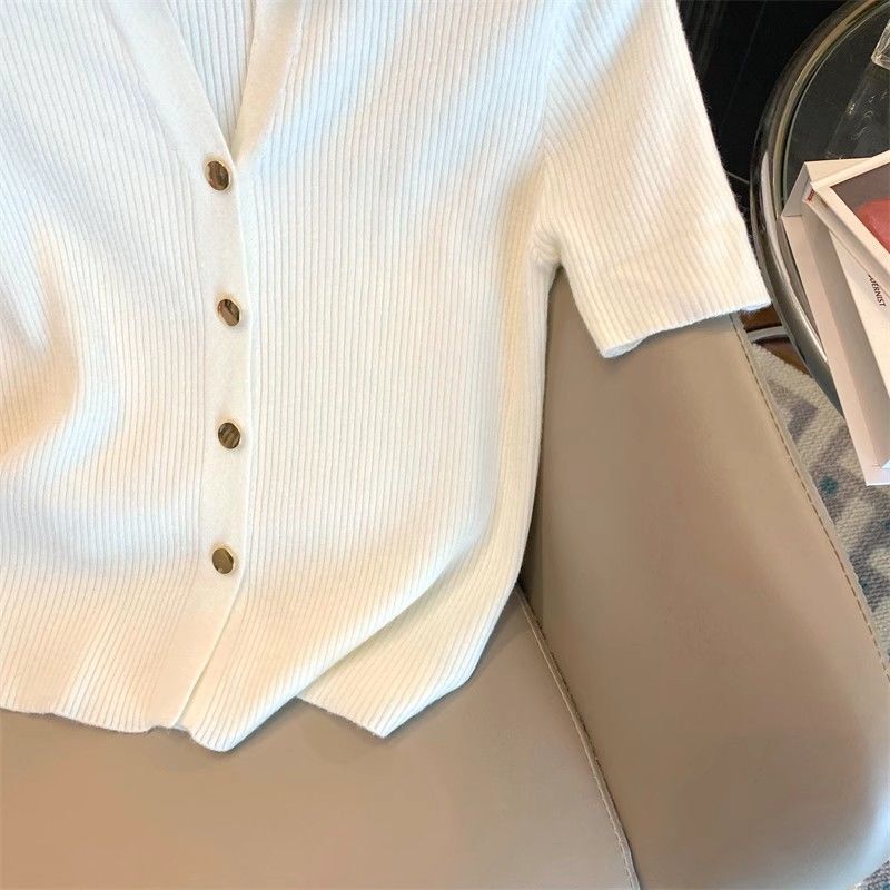 Cardigans boutonnés à col polo pour femmes, manches courtes, monochromatique, mince, basique, élégant, décontracté, mode coréenne, été, 2024