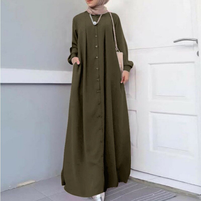 Womens Muslim Abaya Dubai Buttons Down Long Sleeve Tunic Maxi Shirt Dress Y2K INS Clothes