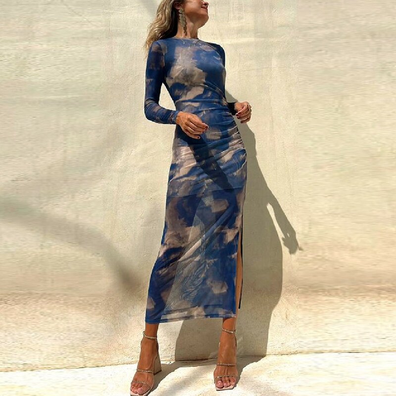 Gaun liburan untuk wanita transparan jaring Lengan Panjang belah samping motif bunga gaun Bodycon untuk wanita gaun pesta 2024
