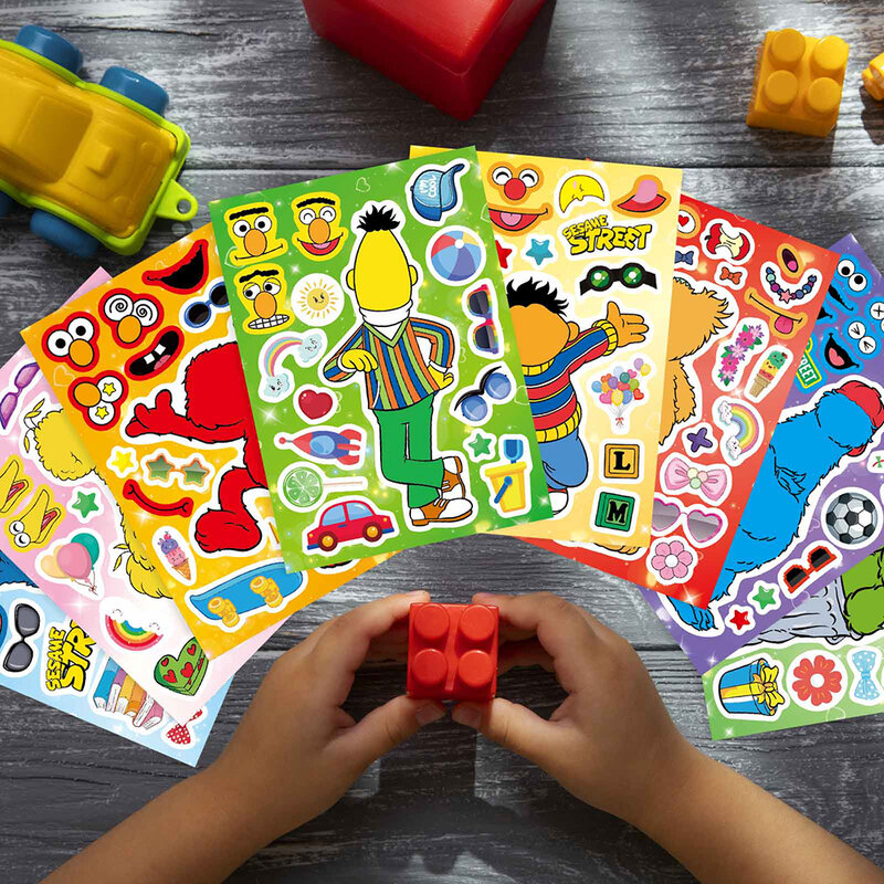 8/16 fogli Sesame Street Puzzle Stickers Make a Face assemblare Jigsaw fai da te Cartoon Kids Education Toy Reward Party Decoration Gift