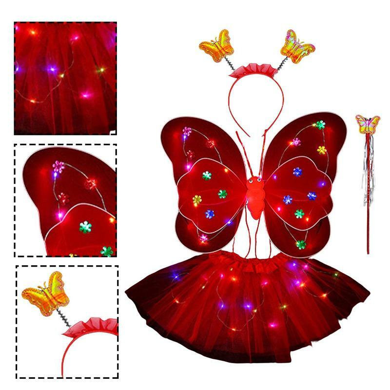 Fairy Princess Costume Fairy Dress Set con LED Light Up Girls Princess Fairy Costume Set con ali bacchetta e fascia per bambini