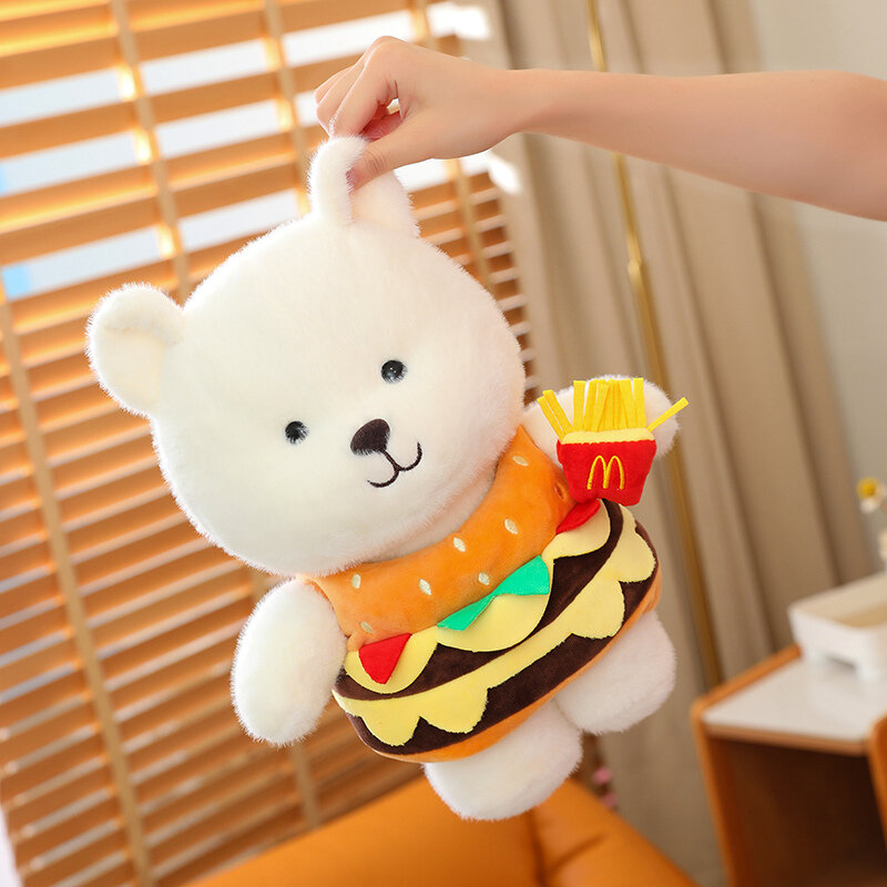 Ours en peluche Hamburger Anime pour filles et garçons, jouet en peluche tenant des frites, animaux en peluche mignons, oreiller au beurre, cadeaux de Noël pour enfants, créatif