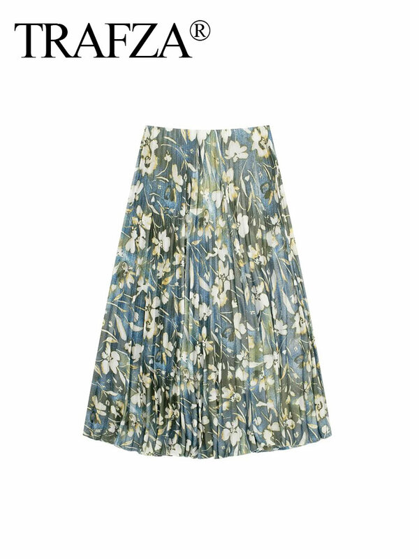 TRAFZA Eleganckie plisowane spódnice damskie z metalicznym kwiatowym nadrukiem A-Line Slim High Waist Casual Chic 2024 Wiosna Wszechstronne spódnice średniej wielkości