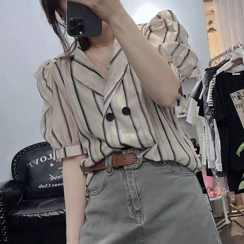 Stylish Tailored Collar Blouse 2024 Summer Korean Striped Women's Clothing Commute Loose Button Casual Basic Short Sleeve Shirt