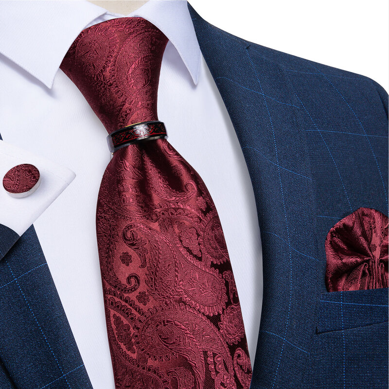 Luxus rot feste Krawatten für Männer mit Ring 8cm Breite Seide Polyester Hochzeits feier Zubehör Taschentuch Manschetten knöpfe Geschenk Großhandel
