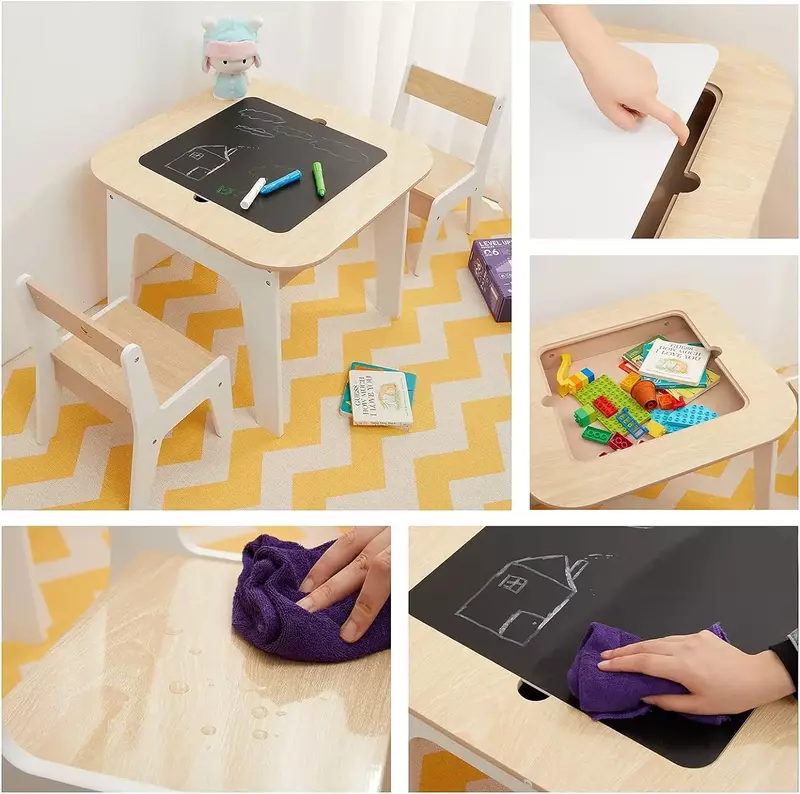 Set tavolo e sedie portaoggetti in legno, bianco, Set 3 pezzi, ideale per l'apprendimento dei bambini, tavolo attività o sala da pranzo