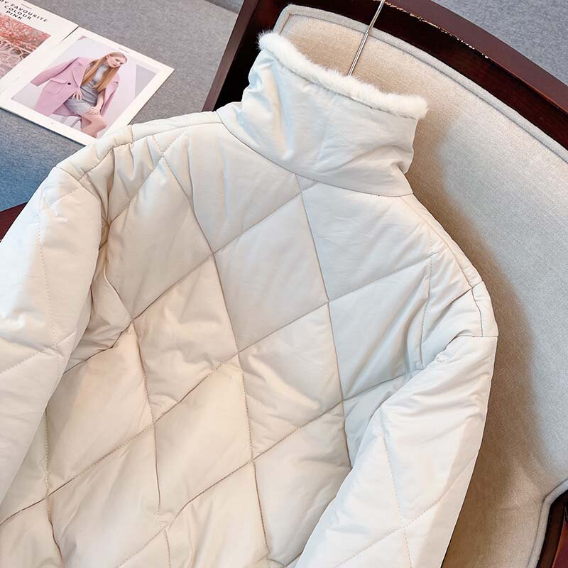 Jaqueta de algodão com costura de pele feminina, casaco curto, Parkas femininas grossas, outwear à prova de vento, inverno, 2023