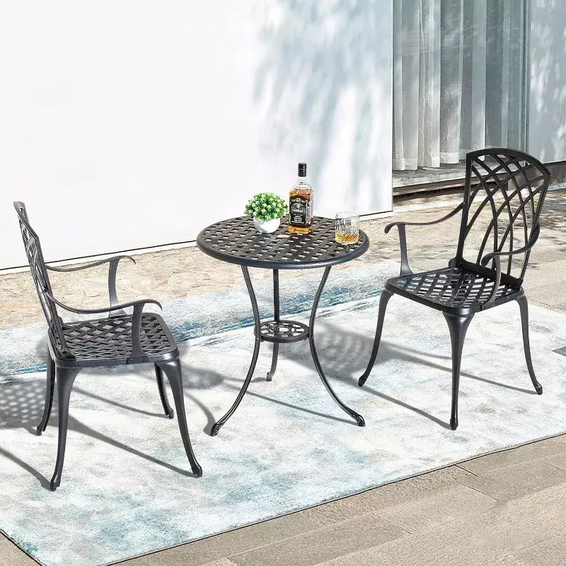 NUU-Conjunto de mesa y sillas de aluminio fundido para jardín, juego de Bistro de 3 piezas con agujero para sombrilla, 2 piezas