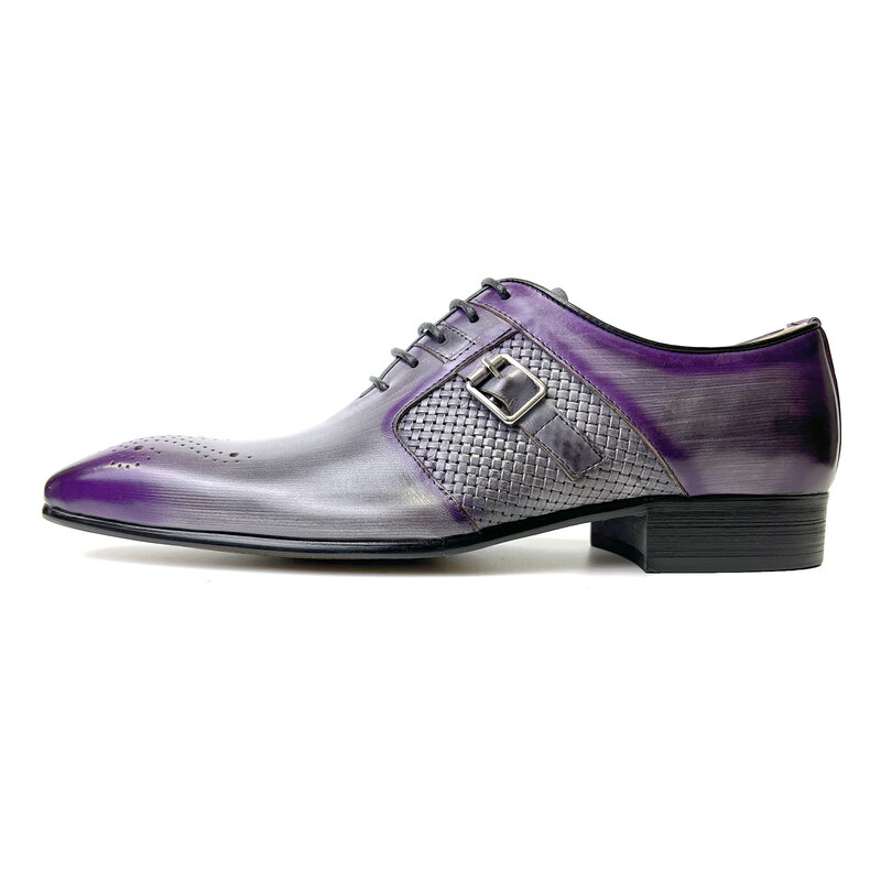 Sapato Oxford de couro genuíno masculino, sapato vestido masculino, cores misturadas, dedo apontado, roxo, marca de luxo de alta qualidade