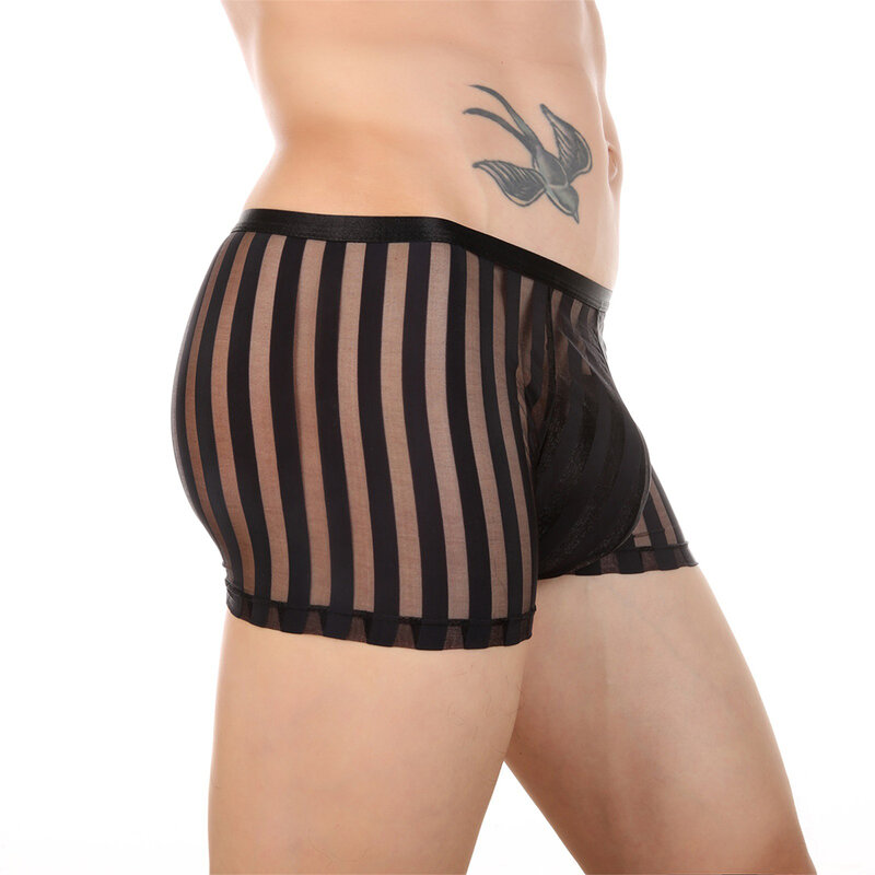 Mans Elatic Underwear See-Through Boxer Brief Striped Underpants Sheer Mesh Panties U Convex Pouch Shorts Nylon Lingerie