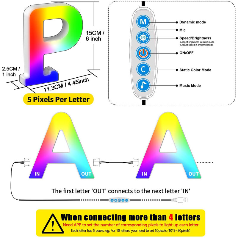 Luz Led colorida del alfabeto con aplicación inteligente, señal de sincronización de música, luz nocturna, regalo para niños y niñas, letra P