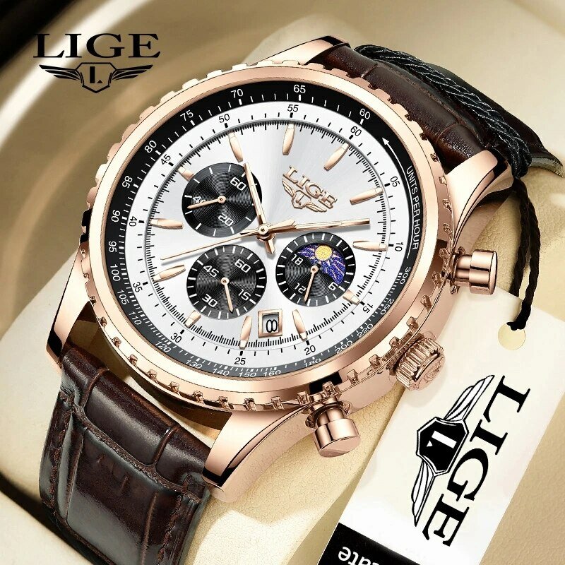 LIGE-Montre-bracelet à quartz en cuir étanche pour homme, montres de sport, horloge masculine, boîte, marque supérieure, luxe, nouveau