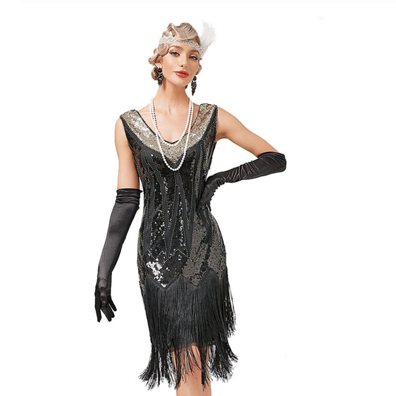 1920s V-Neck Fringed Dress European and  Retro Gates  Latin Ball Sequins Pin Bead Dress