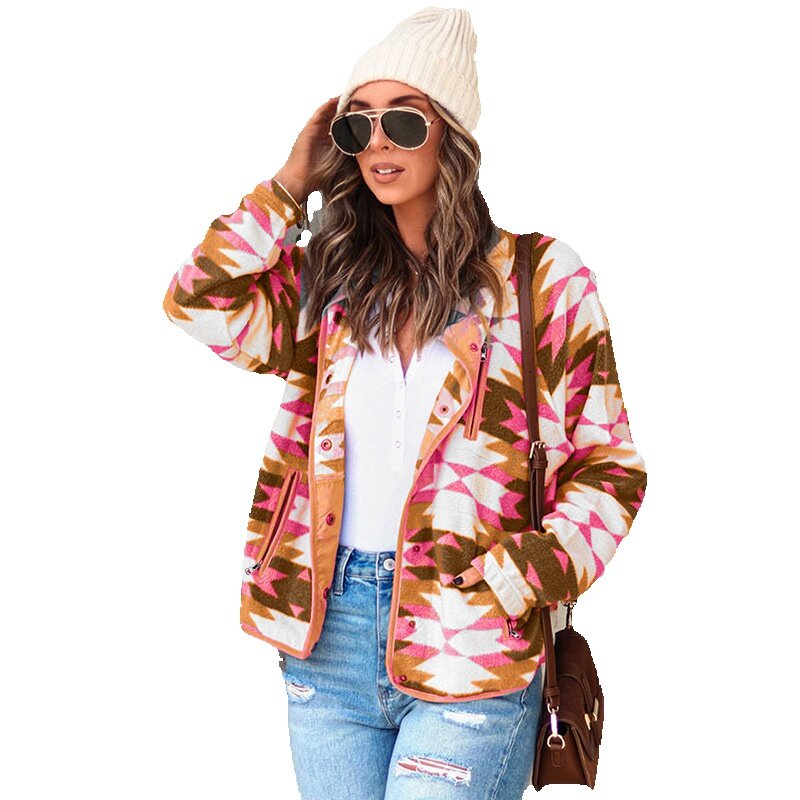 Western Style Color Matching Fleece Jacket For Women 2023 Winter New Geometric Print Long Sleeved