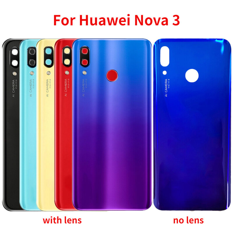 Verre arrière pour Huawei Nova 3, panneau de couverture arrière de batterie, boîtier de porte arrière avec lentille de caméra, remplacement adhésif, nouveau