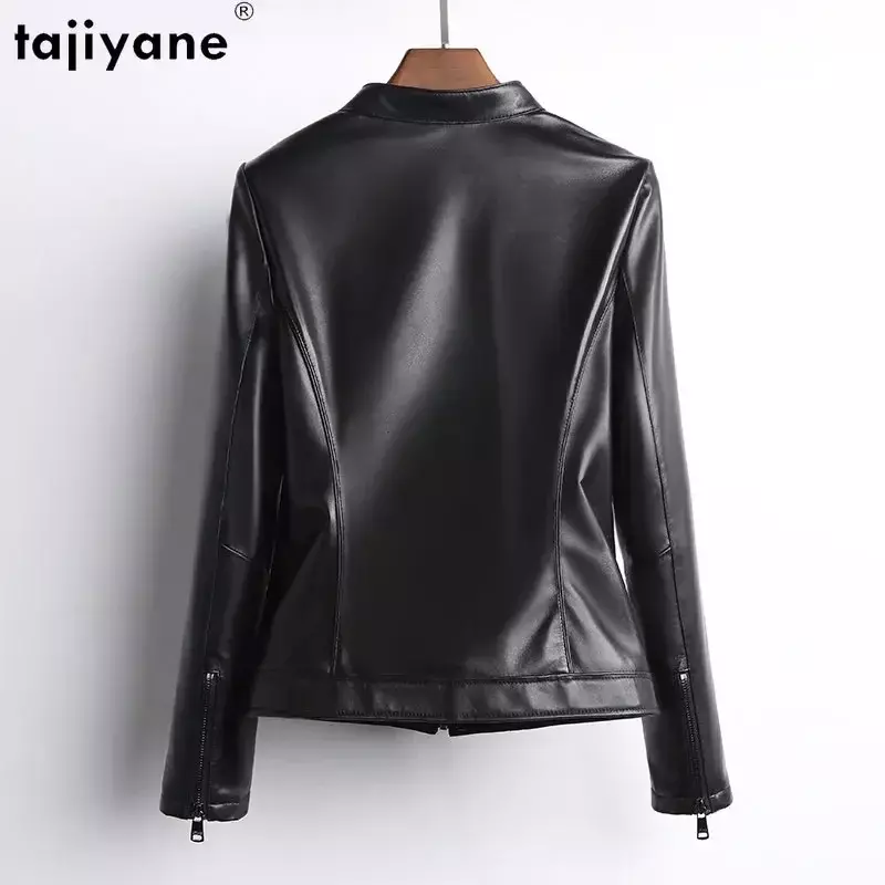 Fujiyane jaket kulit asli wanita 2023 mantel kulit domba asli jaket kulit pendek kerah berdiri mantel pengendara sepeda motor wanita Streetwear