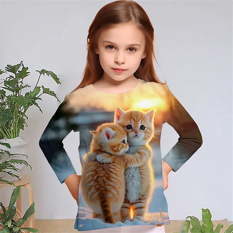 T-shirt anak-anak laki-laki Perempuan Musim Panas 2024 pakaian leher-o gambar kucing Fashion baju bayi poliester atasan lengan pendek kartun kasual