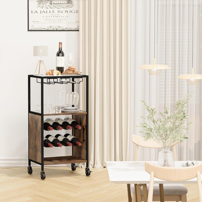 Carrito de vino pequeño con soporte de vidrio, mesa lateral para servir bebidas rodante, barra de madera y Metal marrón rústico