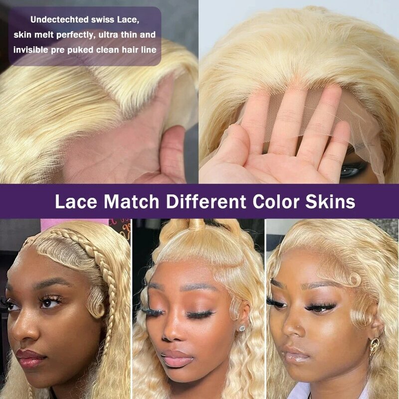 Perruque Lace Front Wig sans colle naturelle bouclée, deep wave, couleur blond miel 613, 13x6, 13x4, 30 pouces, en solde